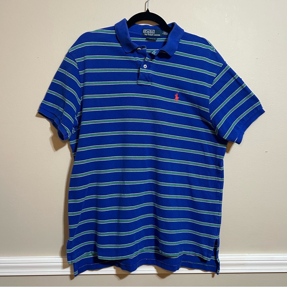 Polo Ralph Lauren Shirt Mens‎ Blue Striped Short Sleeve Collard Custom Fit Large